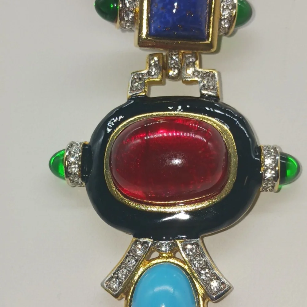 VINTAGE KJL Kenneth Jay Lane Art Deco Cabochon & Crystal Pendant Necklace